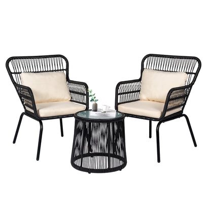 Ensemble bistro de conversation en résine tressée 3 pièces pour extérieur, ensemble de chaises de patio en rotin résistant aux intempéries avec coussins