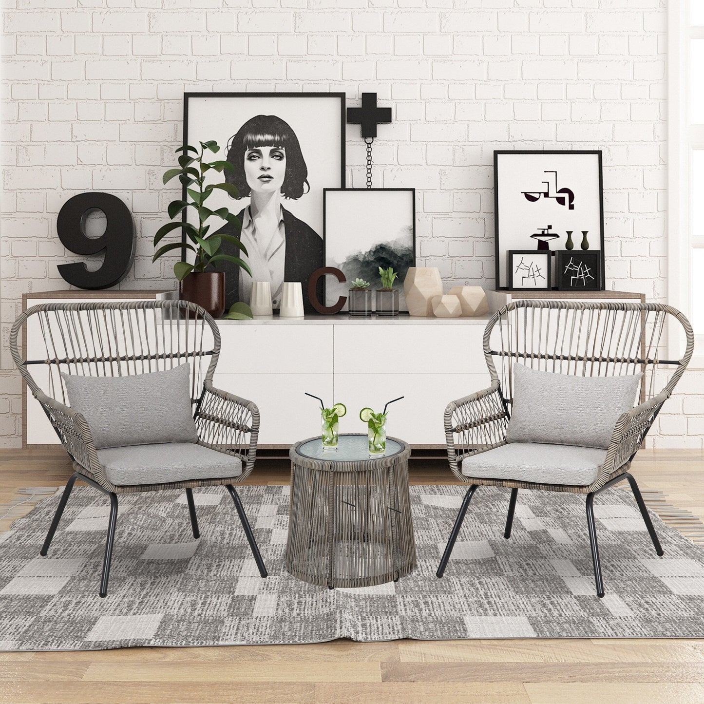 Ensemble bistro de conversation en résine tressée 3 pièces pour extérieur, ensemble de chaises de patio en rotin résistant aux intempéries avec coussins