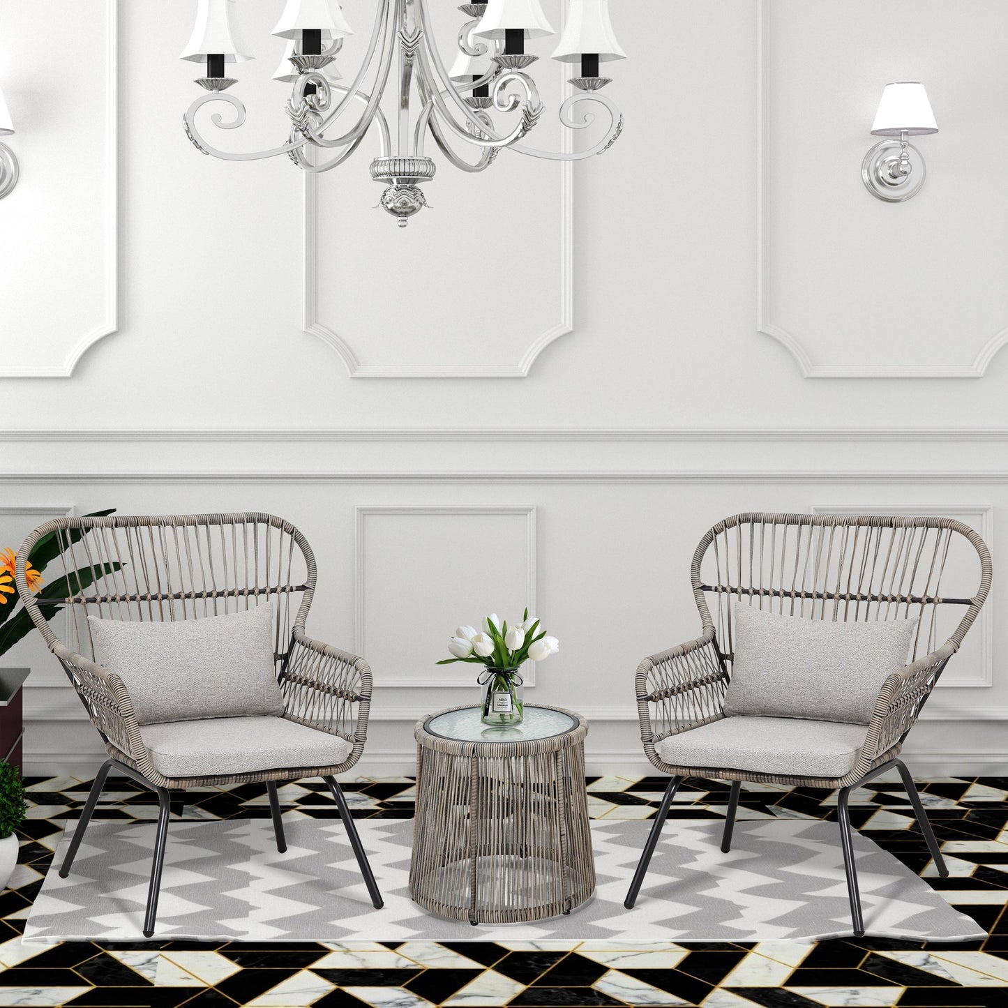 Ensemble bistro de conversation en résine tressée 3 pièces pour extérieur, ensemble de chaises de patio en rotin résistant aux intempéries avec coussins