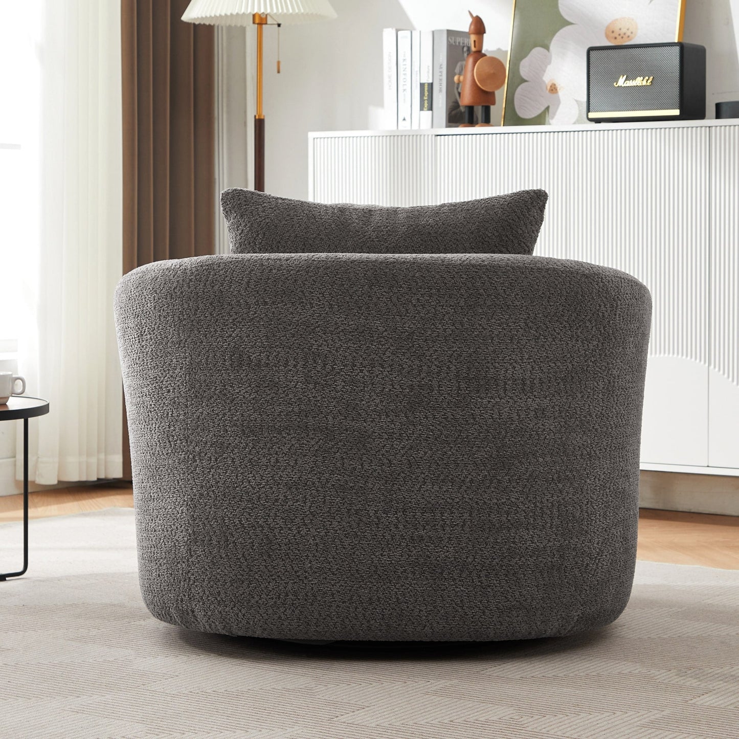 Fauteuil pivotant à 360°, fauteuil d'appoint en bouclette de 38,2 cm avec coussin décoratif, fauteuil-canapé rembourré de forme cylindrique avec accoudoirs incurvés