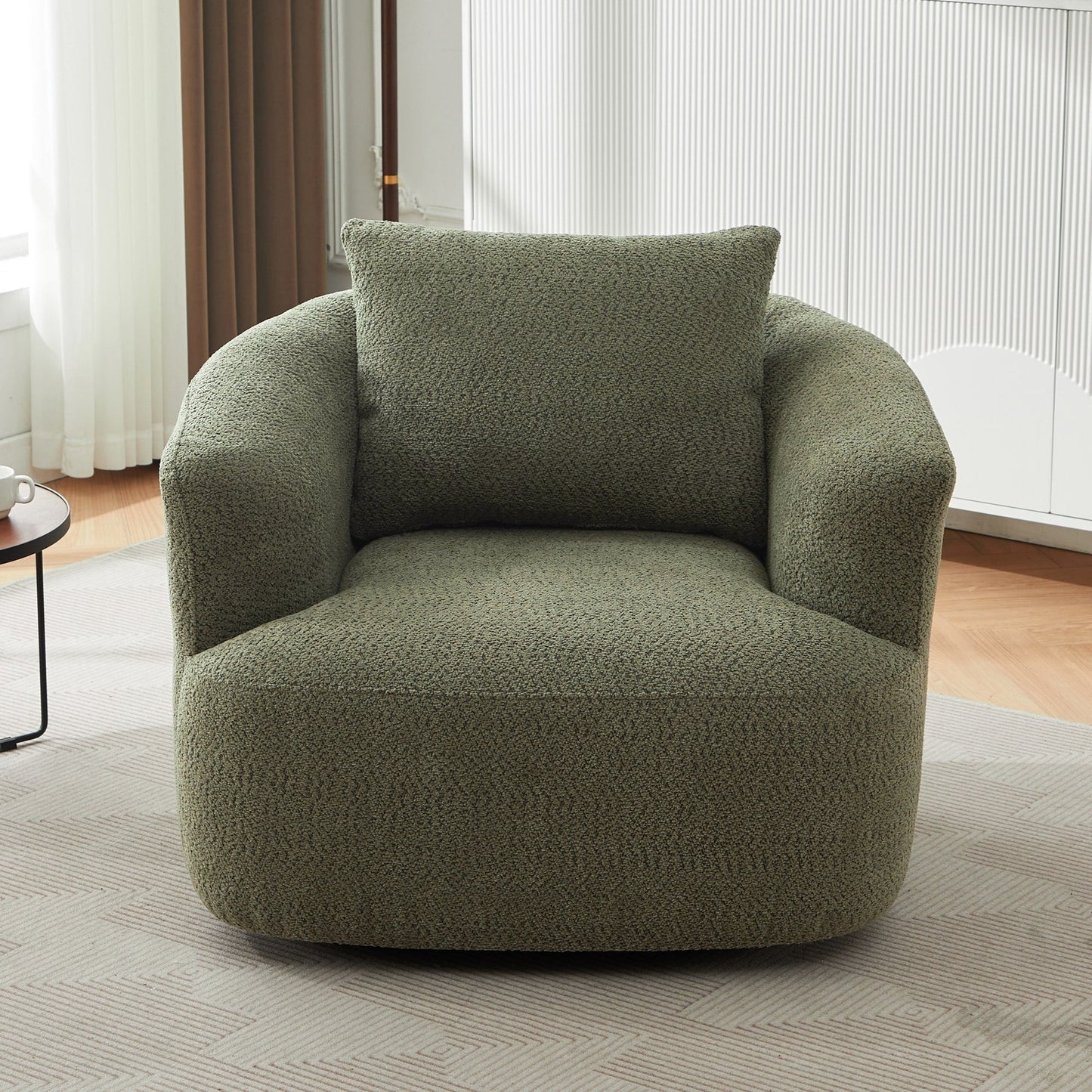 Fauteuil pivotant à 360°, fauteuil d'appoint en bouclette de 38,2 cm avec coussin décoratif, fauteuil-canapé rembourré de forme cylindrique avec accoudoirs incurvés
