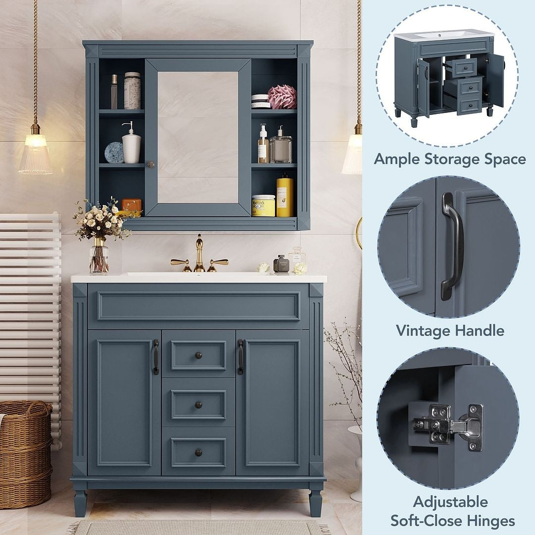 Meuble-lavabo moderne de 91 cm (36 po) avec vasque et armoire à miroir, 2 portes et 2 tiroirs