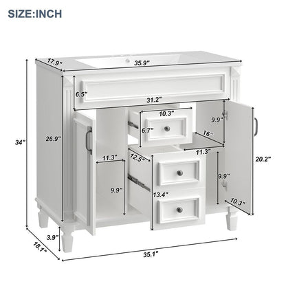 Meuble-lavabo moderne de 91 cm (36 po) avec vasque et armoire à miroir, 2 portes et 2 tiroirs