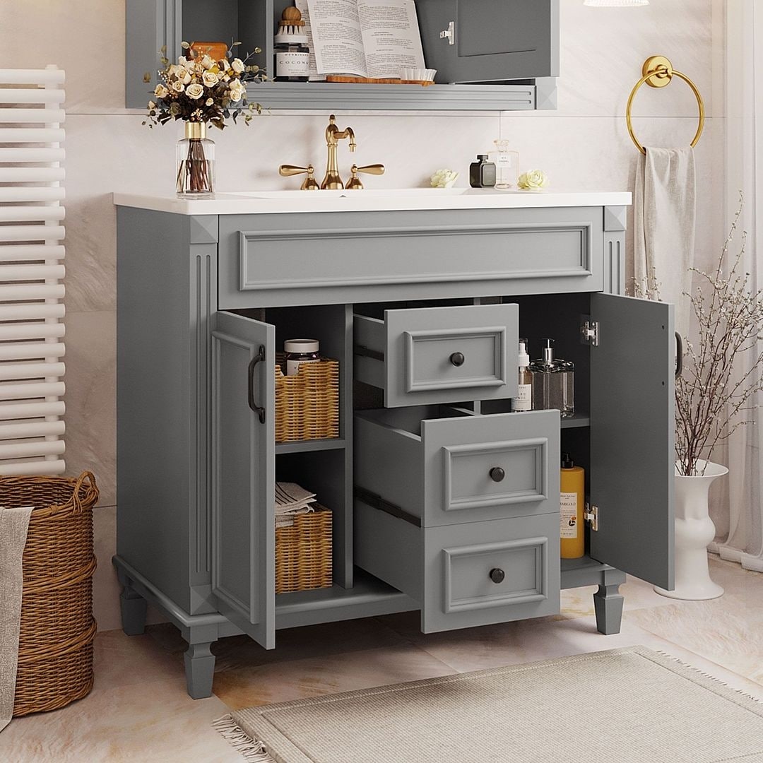 Meuble-lavabo moderne de 91 cm (36 po) avec vasque et armoire à miroir, 2 portes et 2 tiroirs