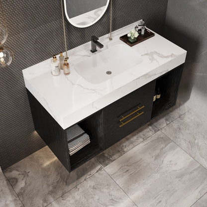 Meuble-lavabo suspendu de 100 cm (39,4 po) avec vasque en céramique, 2 tiroirs à fermeture amortie et plateau en ardoise blanche - 100 x 58 cm (39 x 18,9 po)