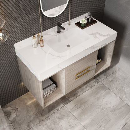 Meuble-lavabo suspendu de 100 cm (39,4 po) avec vasque en céramique, 2 tiroirs à fermeture amortie et plateau en ardoise blanche - 100 x 58 cm (39 x 18,9 po)