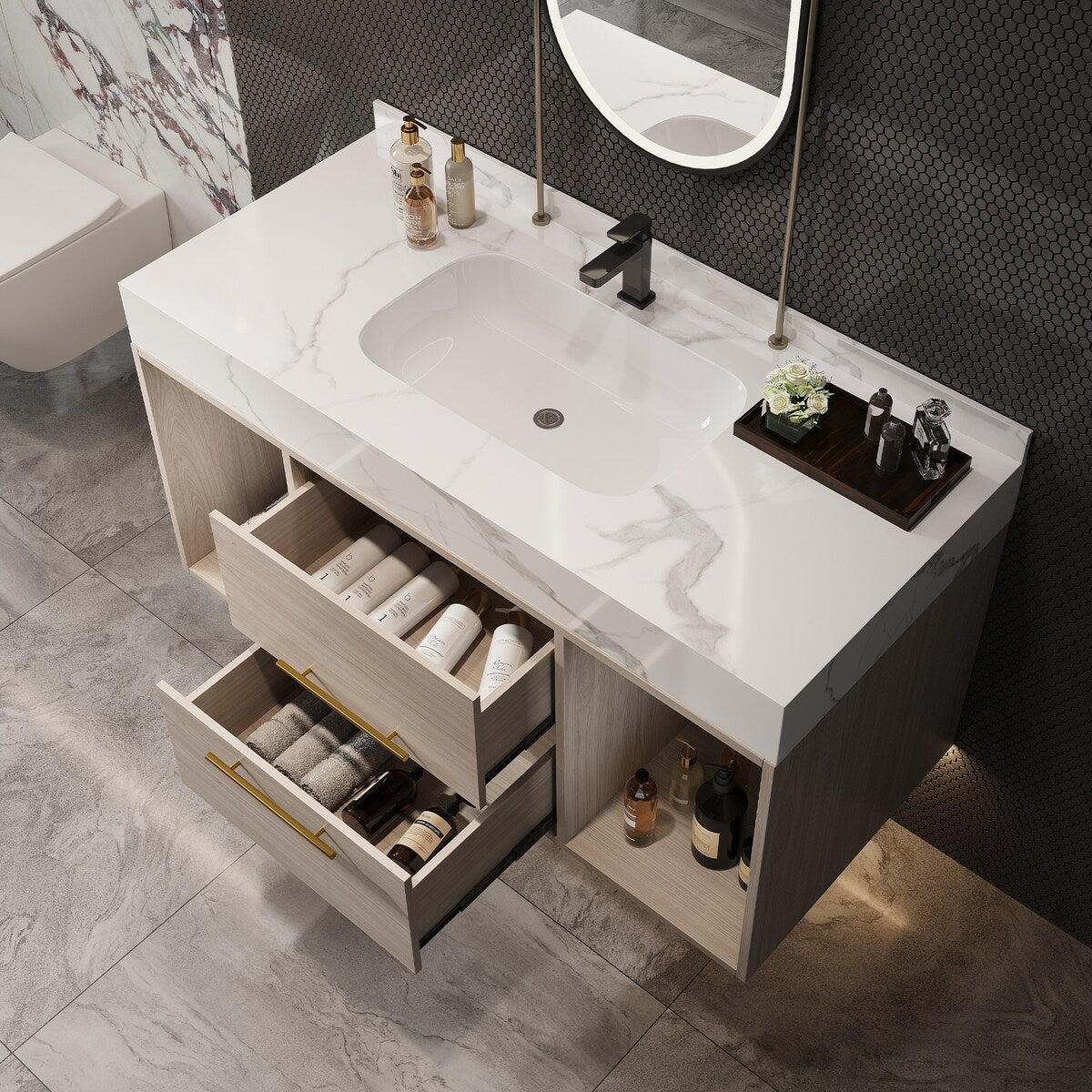 Meuble-lavabo suspendu de 100 cm (39,4 po) avec vasque en céramique, 2 tiroirs à fermeture amortie et plateau en ardoise blanche - 100 x 58 cm (39 x 18,9 po)