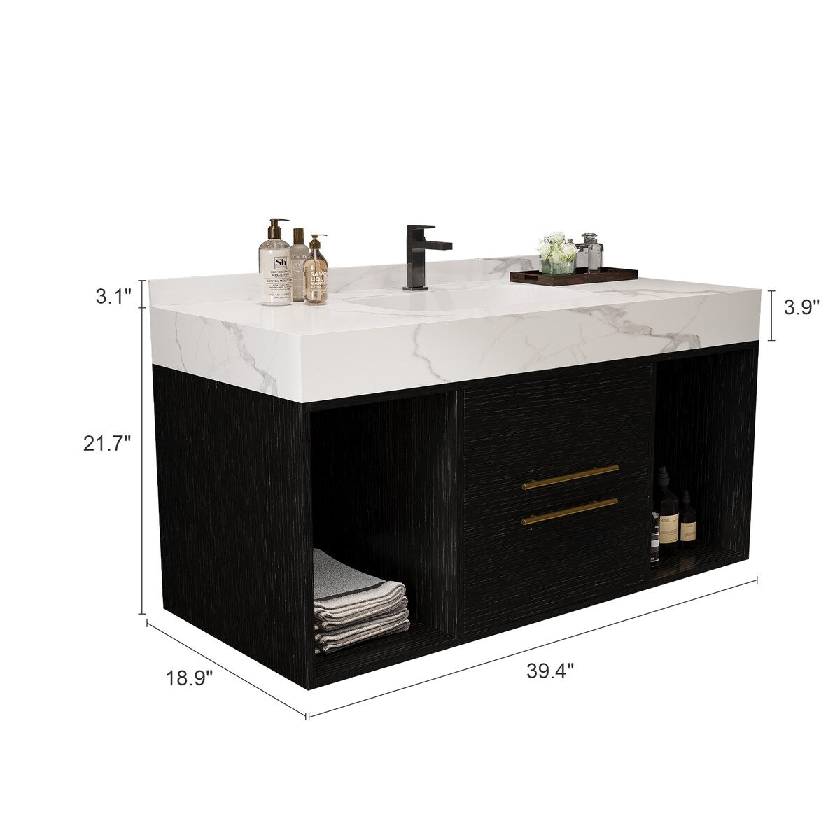 Meuble-lavabo suspendu de 100 cm (39,4 po) avec vasque en céramique, 2 tiroirs à fermeture amortie et plateau en ardoise blanche - 100 x 58 cm (39 x 18,9 po)