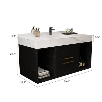 Meuble-lavabo suspendu de 100 cm (39,4 po) avec vasque en céramique, 2 tiroirs à fermeture amortie et plateau en ardoise blanche - 100 x 58 cm (39 x 18,9 po)