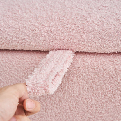 Pouf de rangement en boucle écrue (39,5 cm), en sherpa, avec pieds en bois, idéal pour le salon ou la chambre.