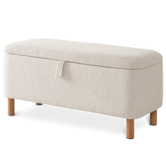 Pouf de rangement en boucle écrue (39,5 cm), en sherpa, avec pieds en bois, idéal pour le salon ou la chambre.