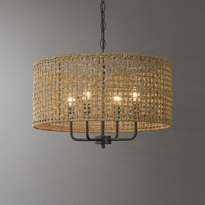 Lustre tambour bohème à 4 lumières, tissé à la main - Paille - 51 cm de diamètre