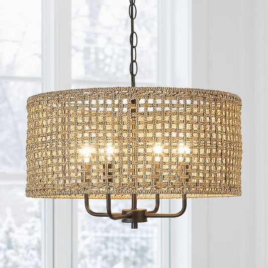 Lustre tambour bohème à 4 lumières, tissé à la main - Paille - 51 cm de diamètre