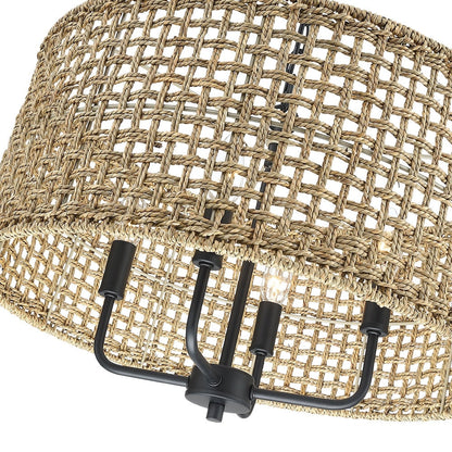 Lustre tambour bohème à 4 lumières, tissé à la main - Paille - 51 cm de diamètre