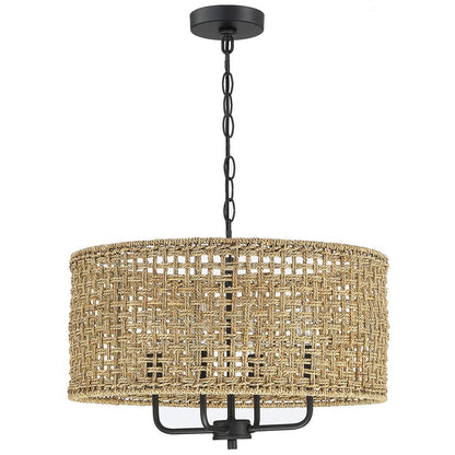 Lustre tambour bohème à 4 lumières, tissé à la main - Paille - 51 cm de diamètre