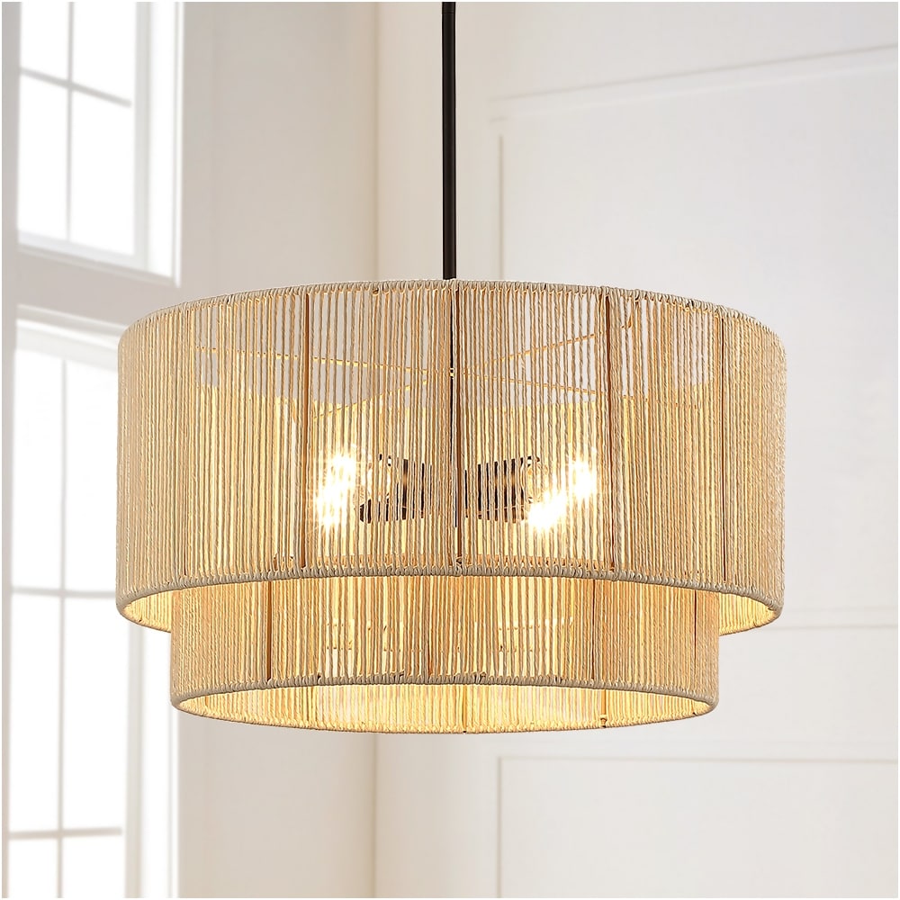 Lustre tambour étagé en rotin à 4 lumières avec rosace noire - 56 cm (22 po) de largeur