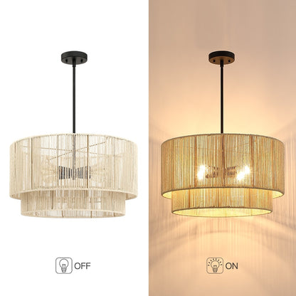 Lustre tambour étagé en rotin à 4 lumières avec rosace noire - 56 cm (22 po) de largeur