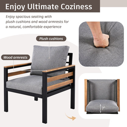 Ensemble de canapé d'extérieur 4 pièces pour 5 personnes avec coussin amovible et table basse en bois massif