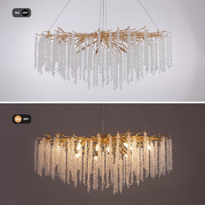 Lustre rectangulaire moderne en cristal doré de 101,6 cm (40 po) avec branches d'arbre, suspension pour îlot de cuisine ou salle à manger.