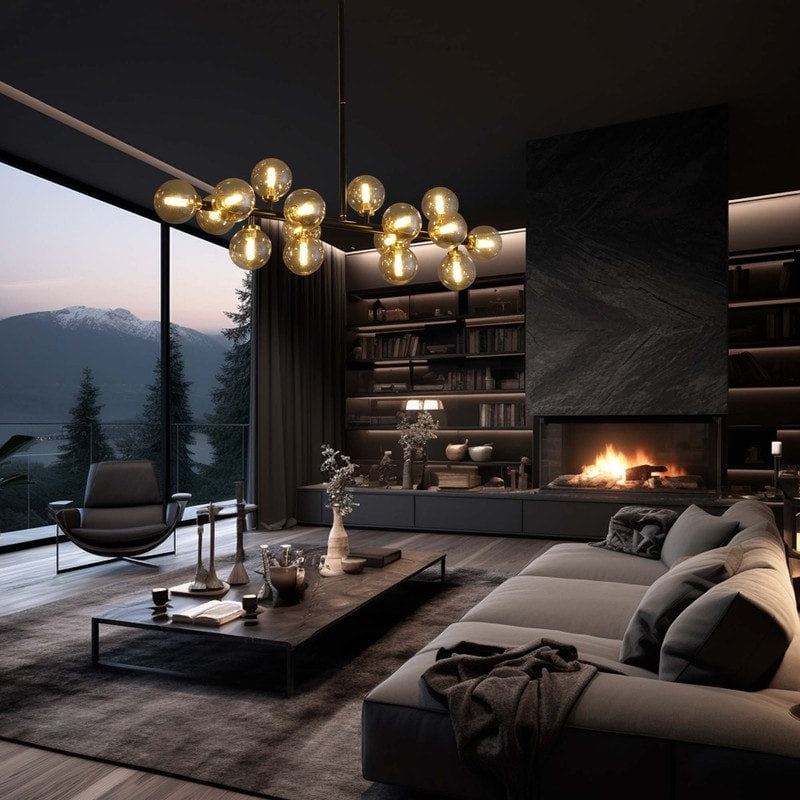 Lustre linéaire moderne du milieu du siècle de 101,6 cm (40 po), suspension Sputnik en laiton doré à 16 lumières avec globe en verre dépoli pour salle à manger