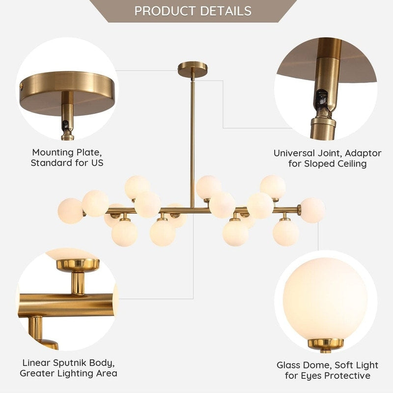 Lustre linéaire moderne du milieu du siècle de 101,6 cm (40 po), suspension Sputnik en laiton doré à 16 lumières avec globe en verre dépoli pour salle à manger