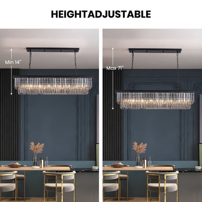 Lustre moderne contemporain en cristal gris fumé et noir à deux niveaux, suspension linéaire pour îlot de cuisine ou salle à manger, 119 cm (47 po).