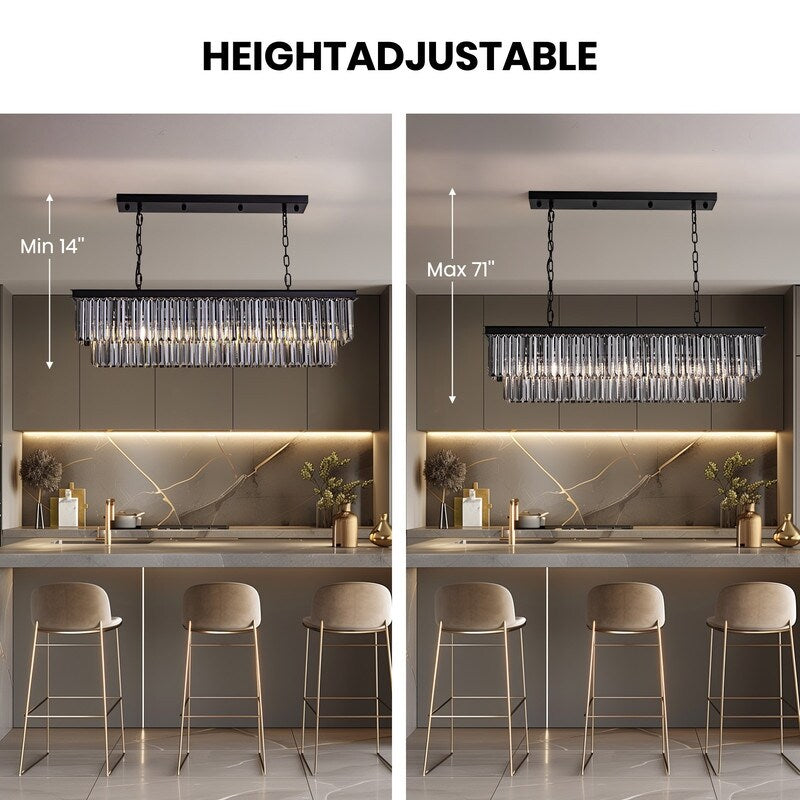 Lustre moderne contemporain en cristal gris fumé et noir à deux niveaux, suspension linéaire pour îlot de cuisine ou salle à manger, 119 cm (47 po).