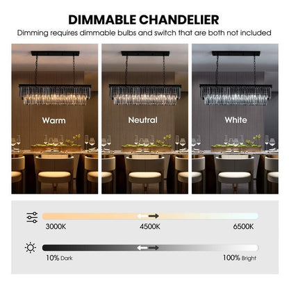 Lustre moderne contemporain en cristal gris fumé et noir à deux niveaux, suspension linéaire pour îlot de cuisine ou salle à manger, 119 cm (47 po).