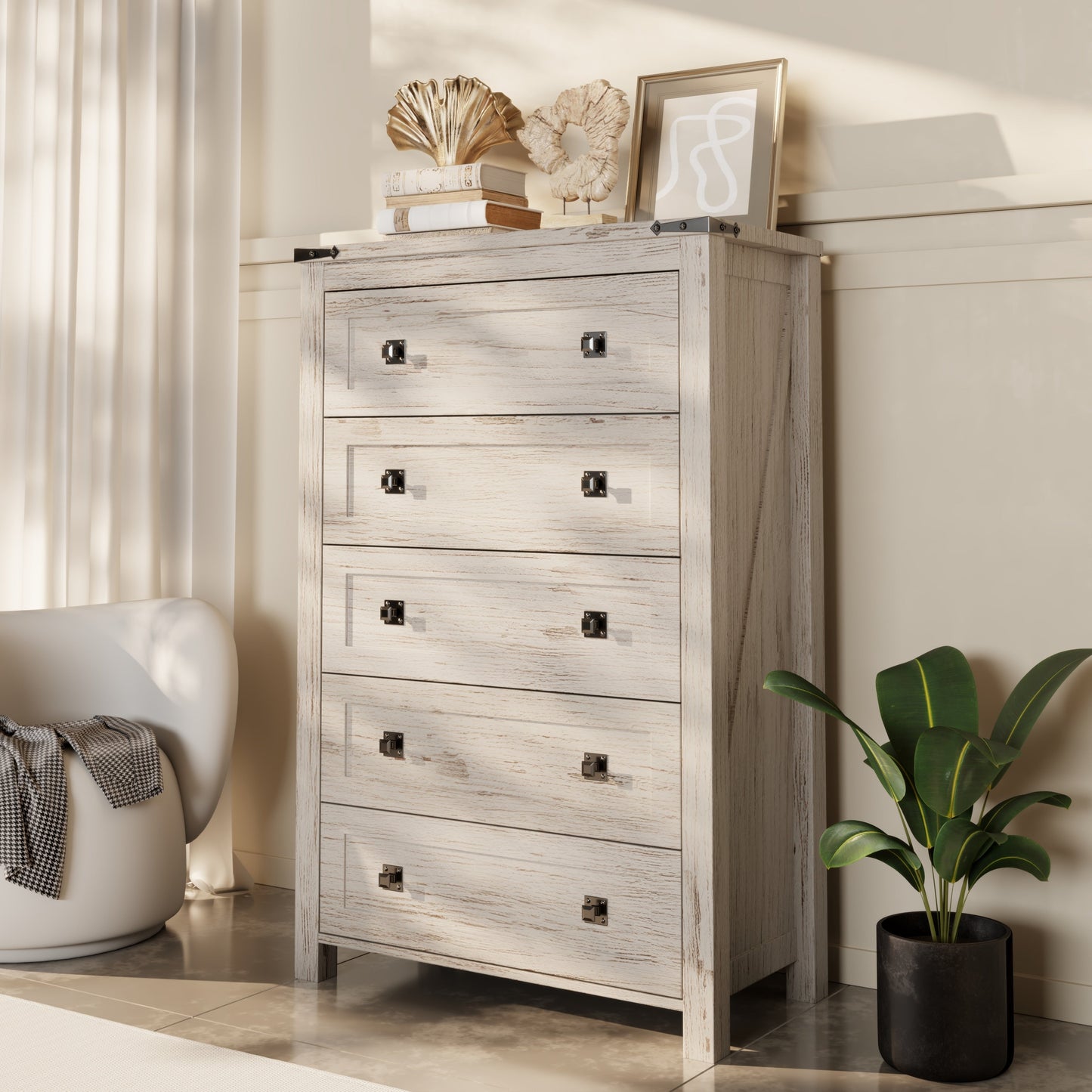 Commode en bois de style campagnard à 5 tiroirs de 48 pouces de haut, idéale pour une chambre à coucher.