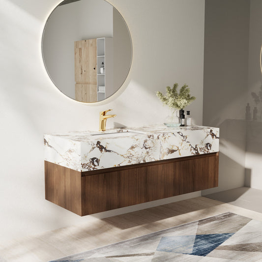 Meuble-lavabo simple moderne de 122 cm (48 po), avec comptoir en faux marbre brillant et structure en bois massif.
