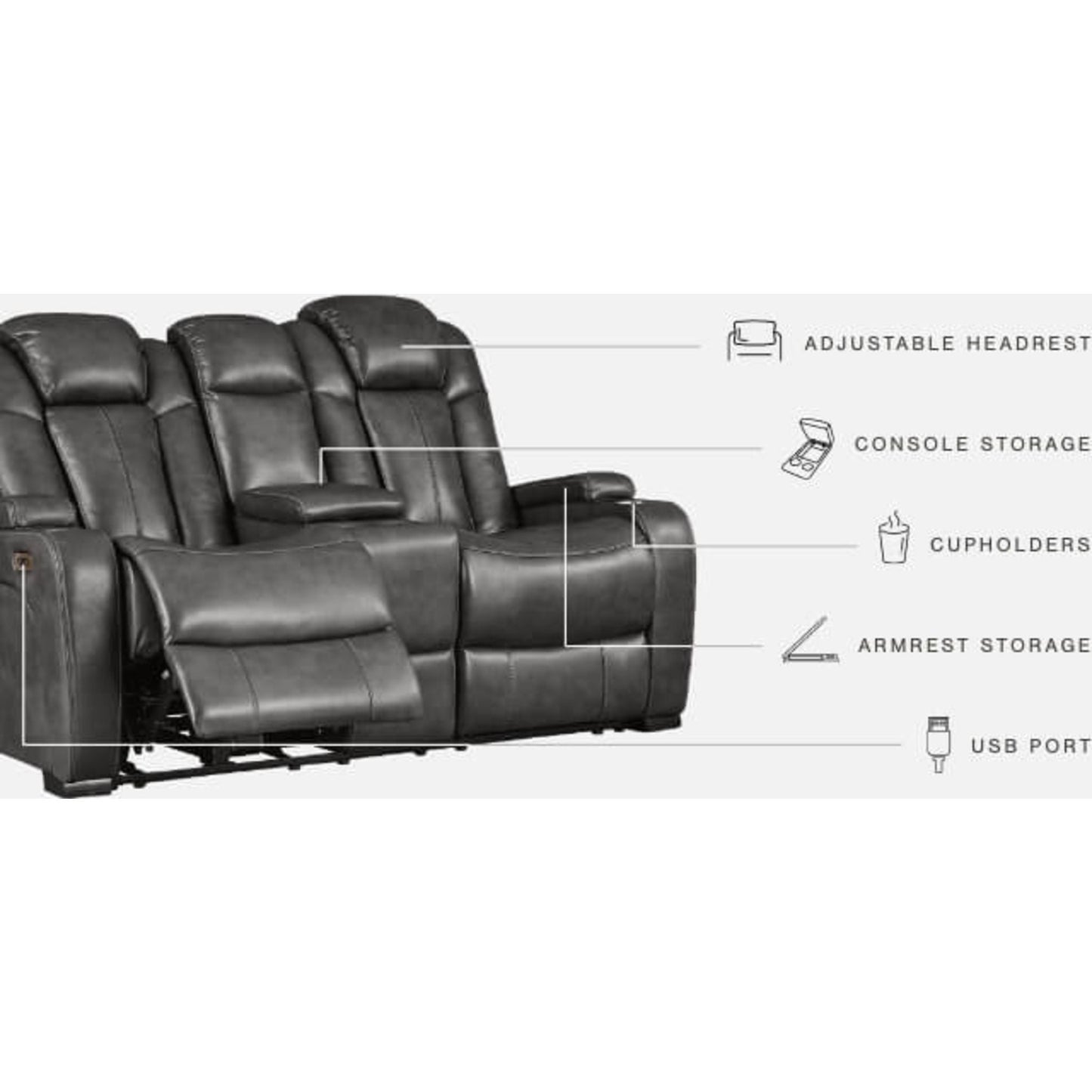 Canapé inclinable électrique Turbulence avec console et appui-tête réglable