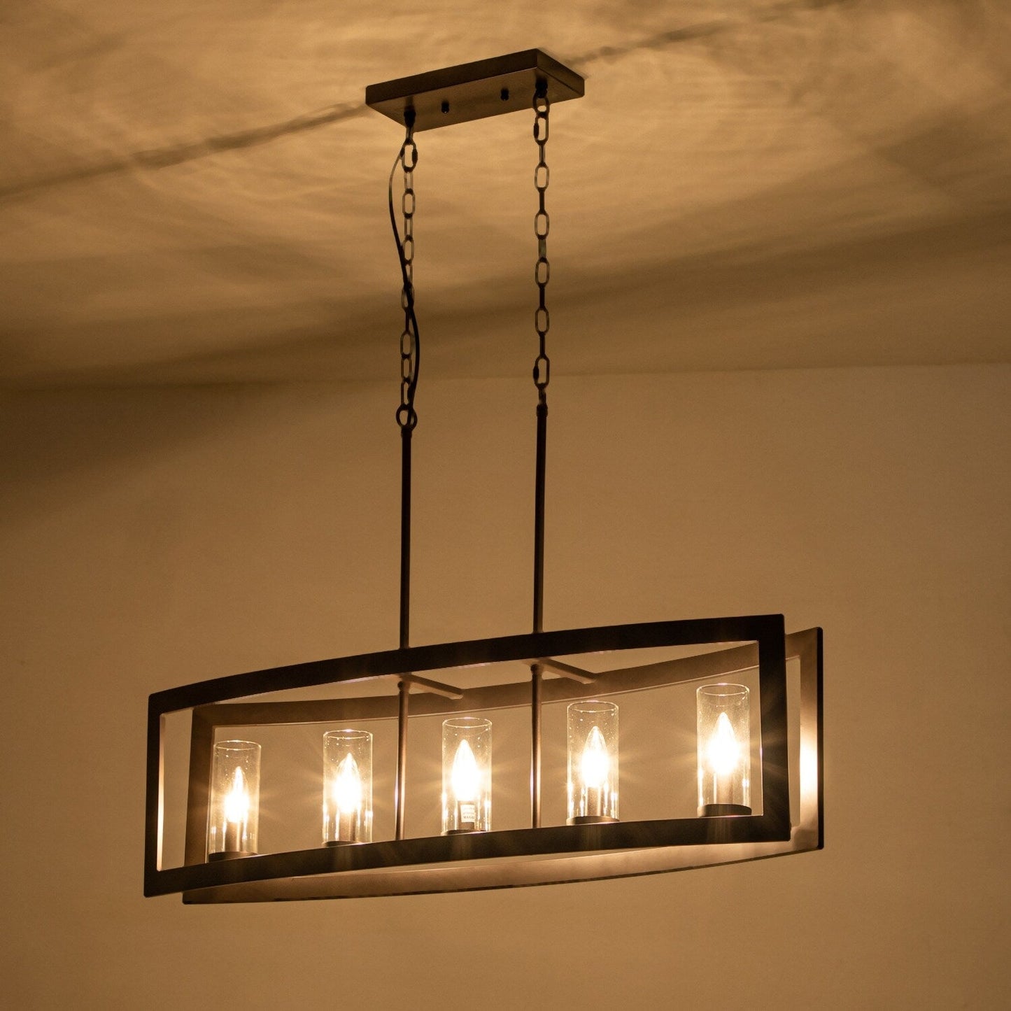 Lustre linéaire industriel moderne à 5 lumières pour salle à manger, style campagnard, cylindre en verre transparent, luminaires pour îlot de cuisine