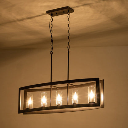 Lustre linéaire industriel moderne à 5 lumières pour salle à manger, style campagnard, cylindre en verre transparent, luminaires pour îlot de cuisine