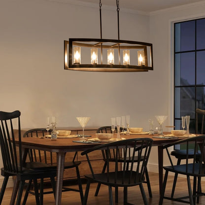 Lustre linéaire industriel moderne à 5 lumières pour salle à manger, style campagnard, cylindre en verre transparent, luminaires pour îlot de cuisine