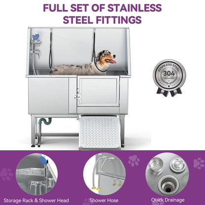 Baignoire de toilettage réglable en acier inoxydable de 127 cm (50 po) de largeur avec rampe - Argent