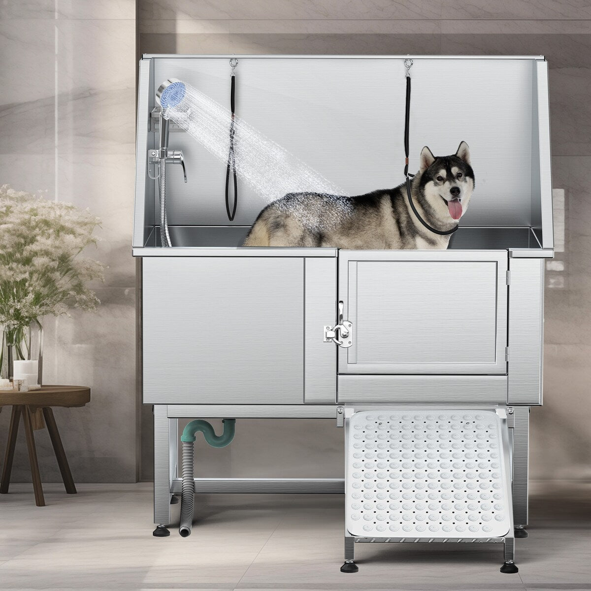 Baignoire de toilettage réglable en acier inoxydable de 127 cm (50 po) de largeur avec rampe - Argent