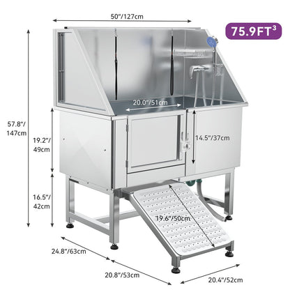 Baignoire de toilettage réglable en acier inoxydable de 127 cm (50 po) de largeur avec rampe d'accès