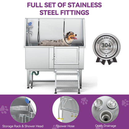 Baignoire de toilettage réglable en acier inoxydable de 127 cm (50 po) de largeur avec rampe d'accès