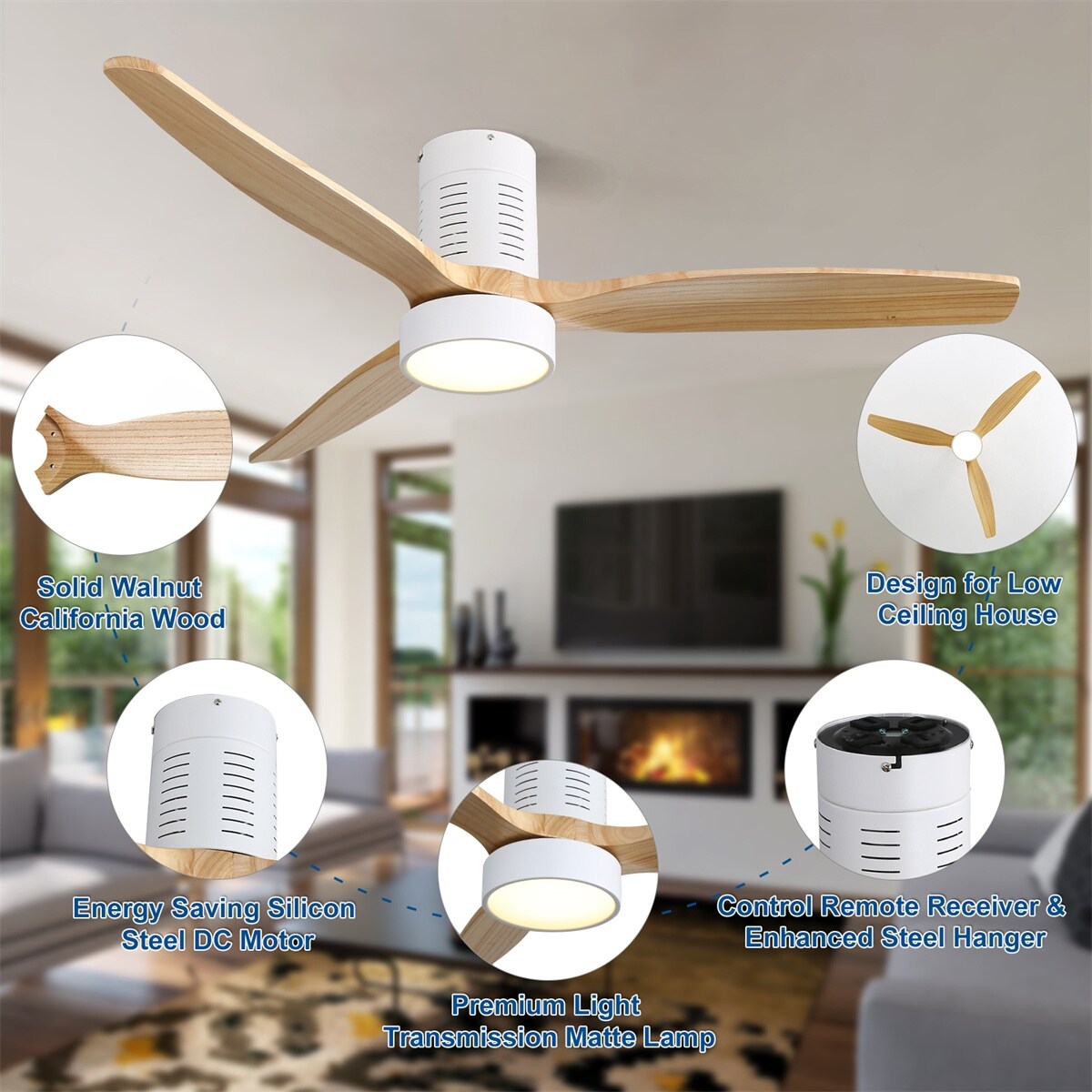 Ventilateur de plafond encastré de style campagnard de 132 cm (52 ​​pouces) avec lumière et télécommande, moteur CC réversible