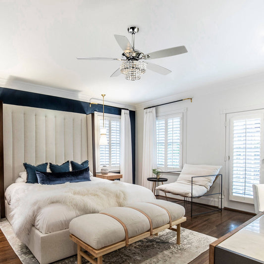 Ventilateur de plafond moderne en cristal à 5 ​​pales, 52 pouces, en bois chromé, avec télécommande