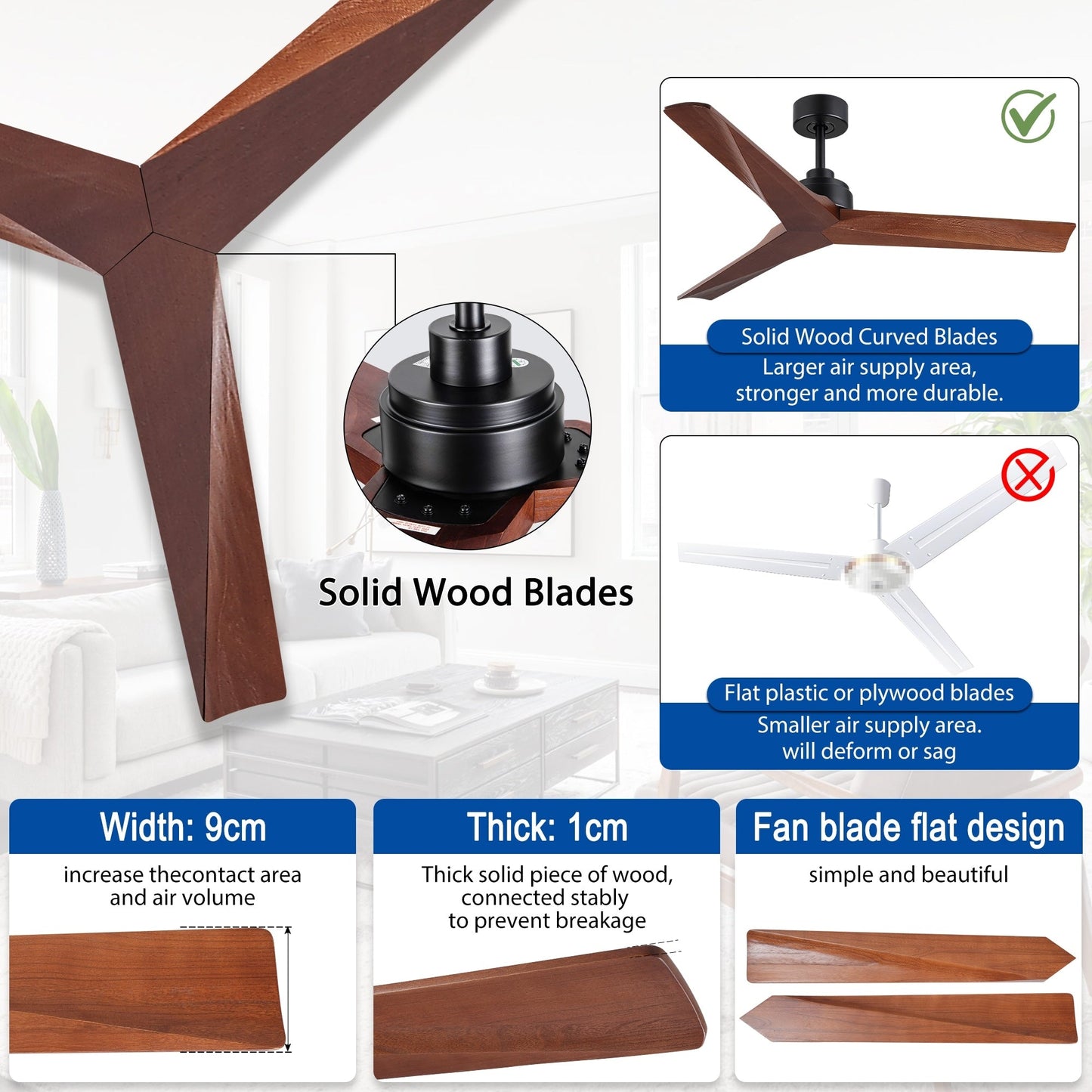 Ventilateur de plafond moderne de 132 cm (52 ​​pouces) en bois massif et ABS avec télécommande (sans éclairage), 6 vitesses de ventilation et flux d'air réversible.