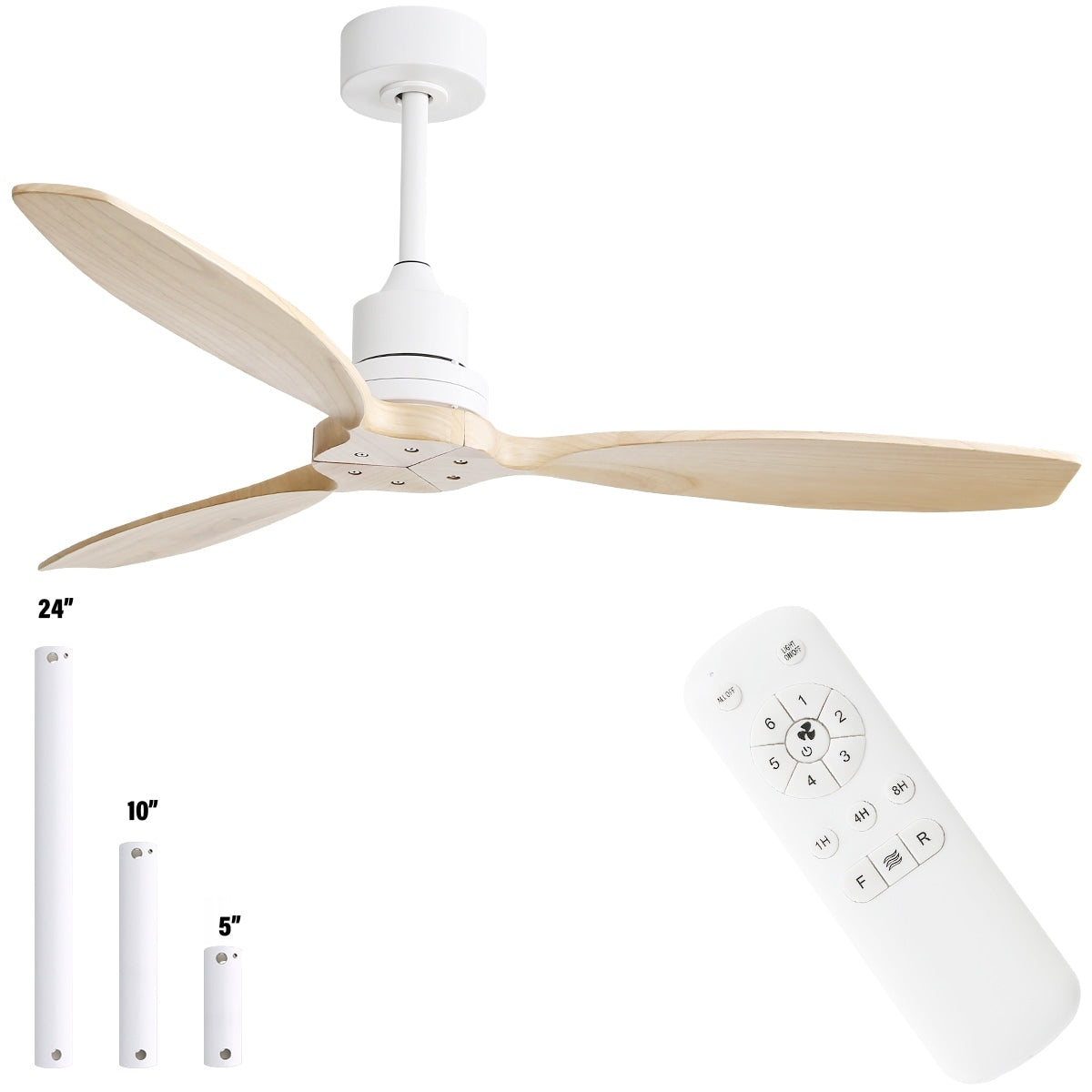 Ventilateur de plafond moderne de 132 cm (52 ​​pouces) en bois massif et ABS avec télécommande (sans éclairage), 6 vitesses de ventilation et flux d'air réversible.