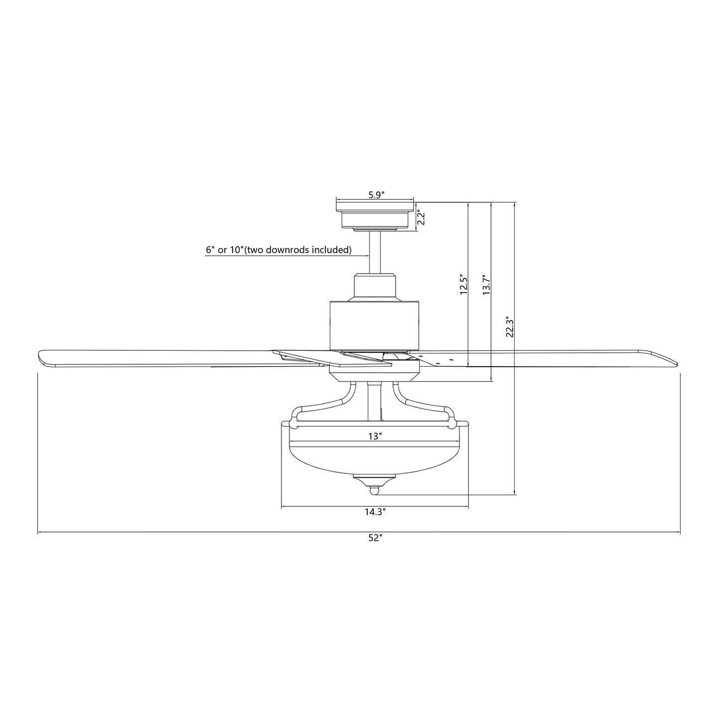 Ventilateur de plafond réversible en bois de 52 pouces, 5 pales, 3 lumières et télécommande