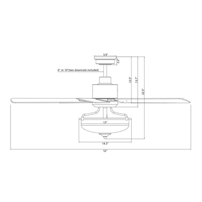 Ventilateur de plafond réversible en bois de 52 pouces, 5 pales, 3 lumières et télécommande