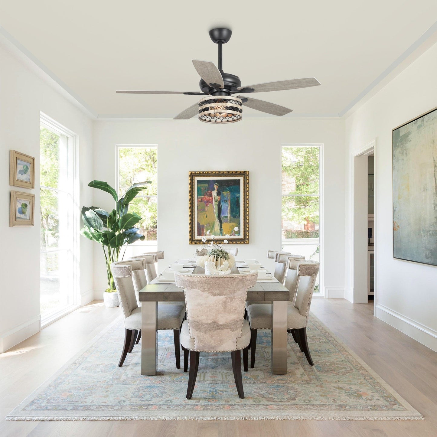 Ventilateur de plafond 5 pales noir à cage, style ferme, avec télécommande