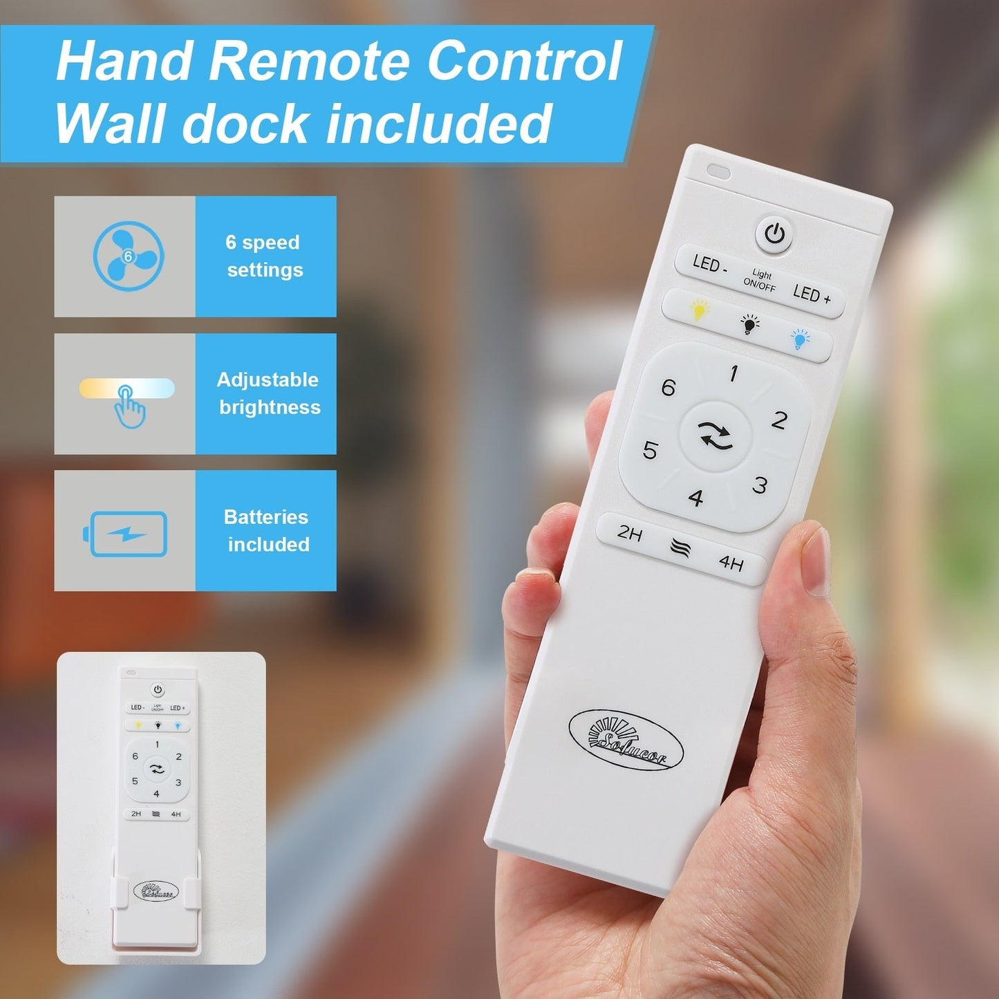 Ventilateur de plafond en bois à 3 pales de 52 pouces avec éclairage LED à intensité variable et télécommande, moteur CC réversible à 6 vitesses - 52 pouces