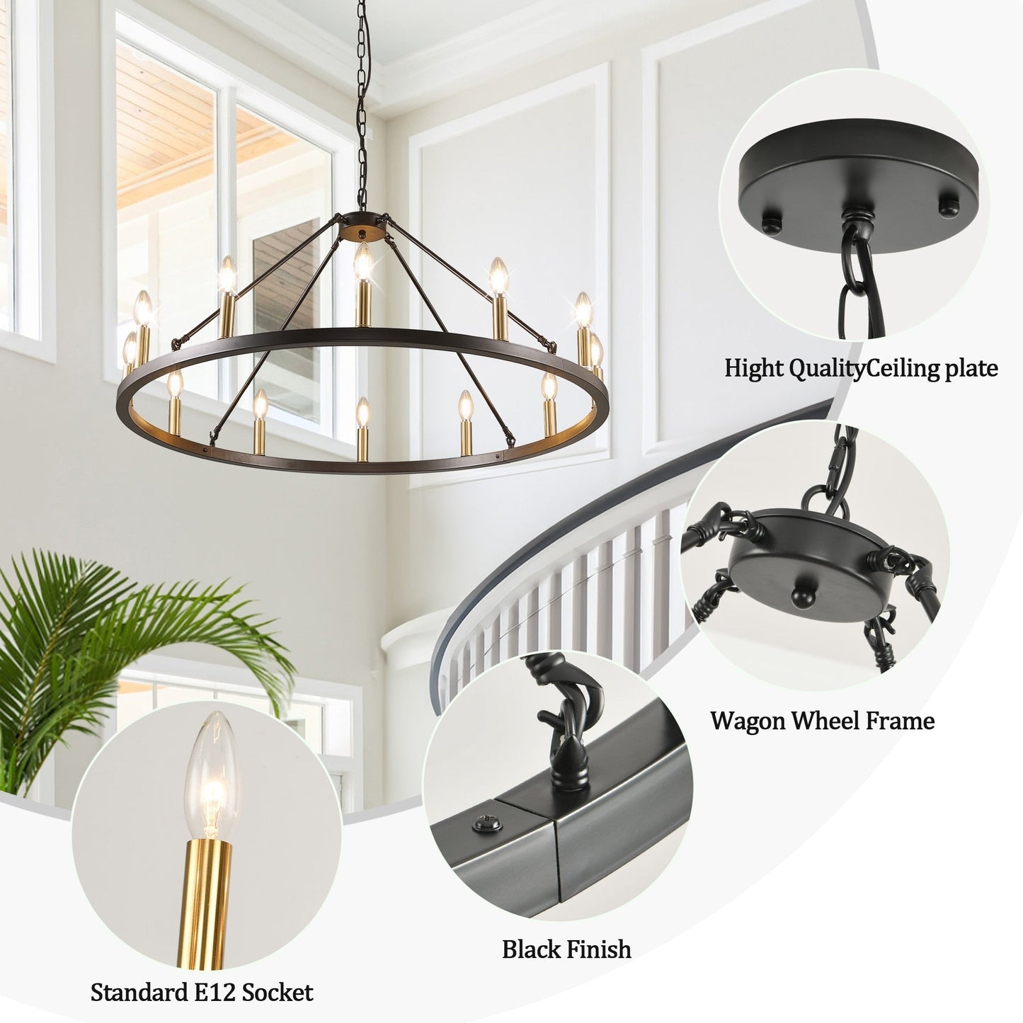 Lustre rond de 54 pouces en forme de roue de chariot avec 24 lumières