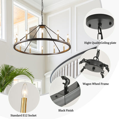 Lustre rond de 54 pouces en forme de roue de chariot avec 24 lumières