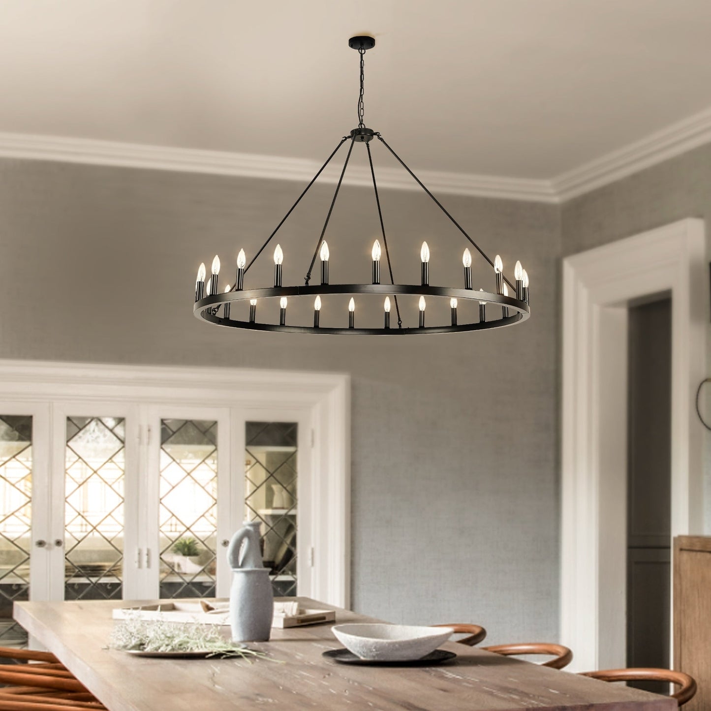 Lustre rond de 54 pouces en forme de roue de chariot avec 24 lumières