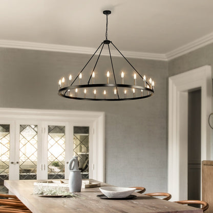 Lustre rond de 54 pouces en forme de roue de chariot avec 24 lumières